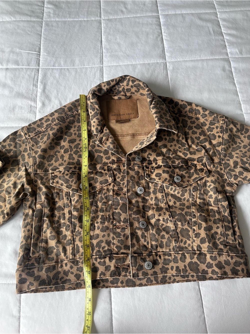 American Eagle Outfitters Tan and Brown Leopard Print Jean Jacket